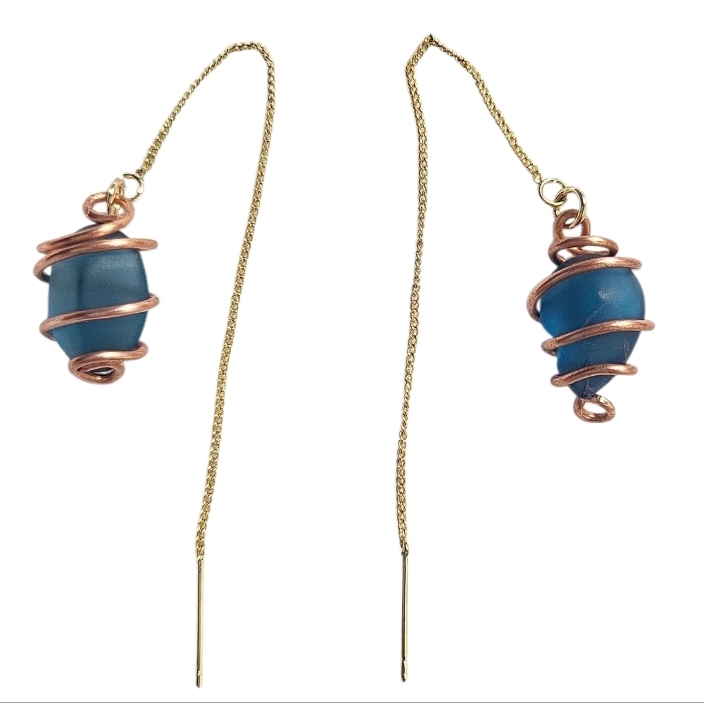18K Gold Plated Brass Seaglass Threader Dainty Earrings - Picture 3 of 3